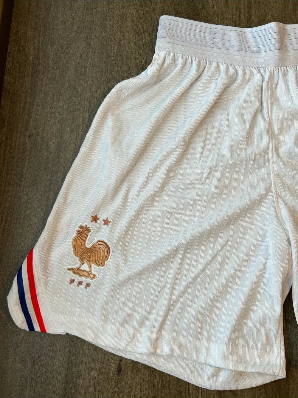 Nike Men’s White Soccer Shorts with Navy and Gold Accents (No. 10)